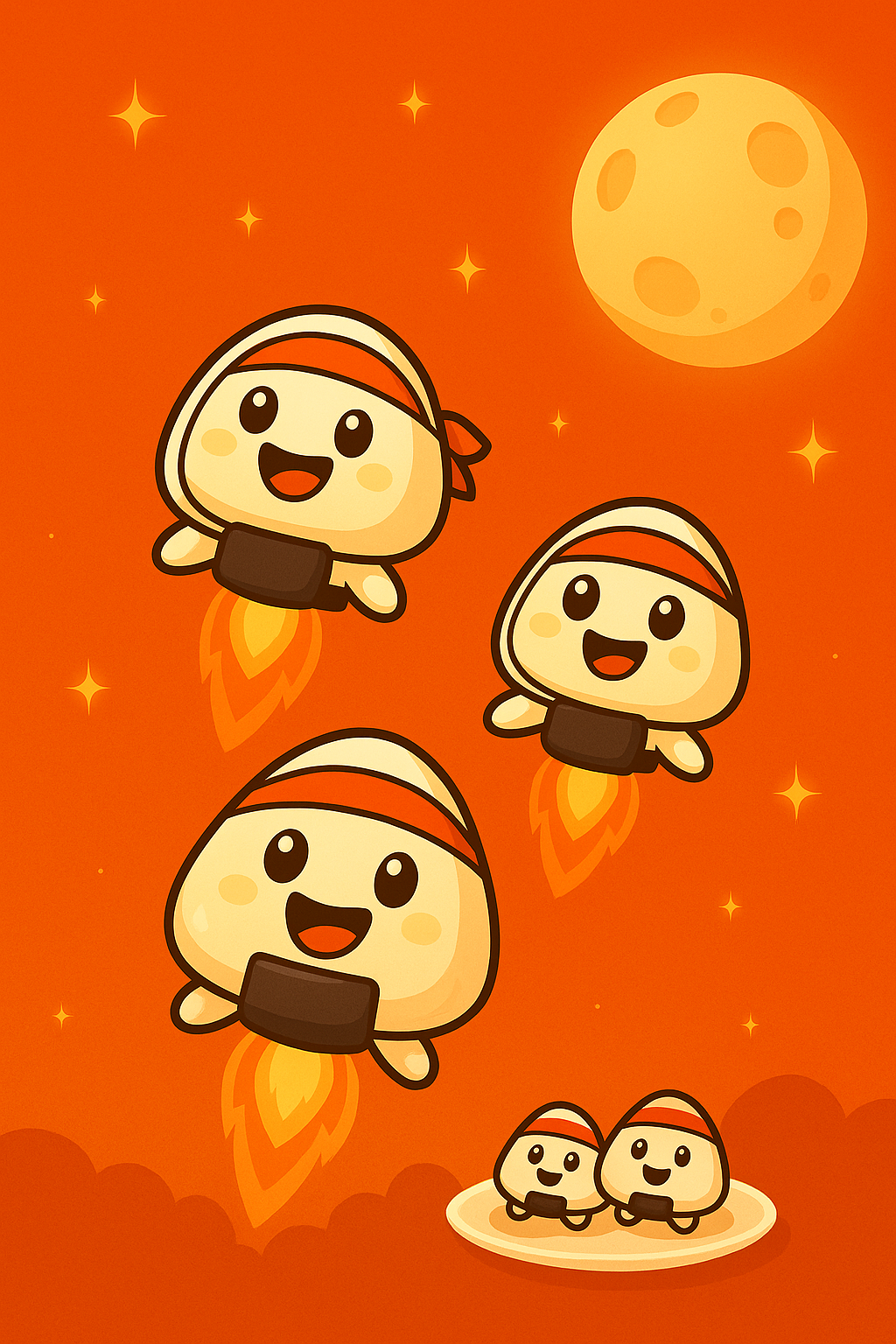 Three Onigiri flying like rockets